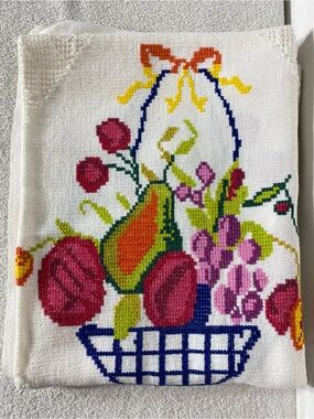 Vintage 1950s Style Cross Stitch Fruit Basket Floral Table Cloth Cottagecore